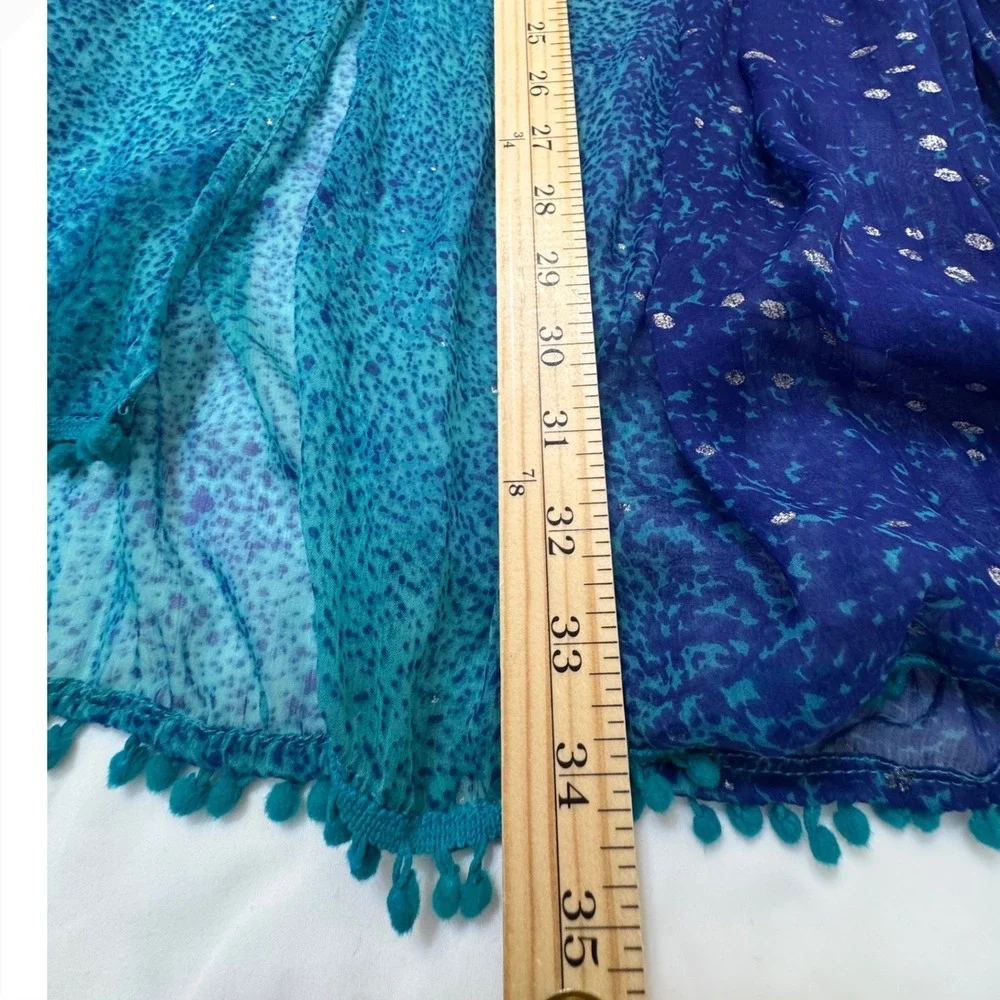Soft Surroundings Blue Teal Ombre Kimono Wrap Pom Pom Trim One Size Resort Boho